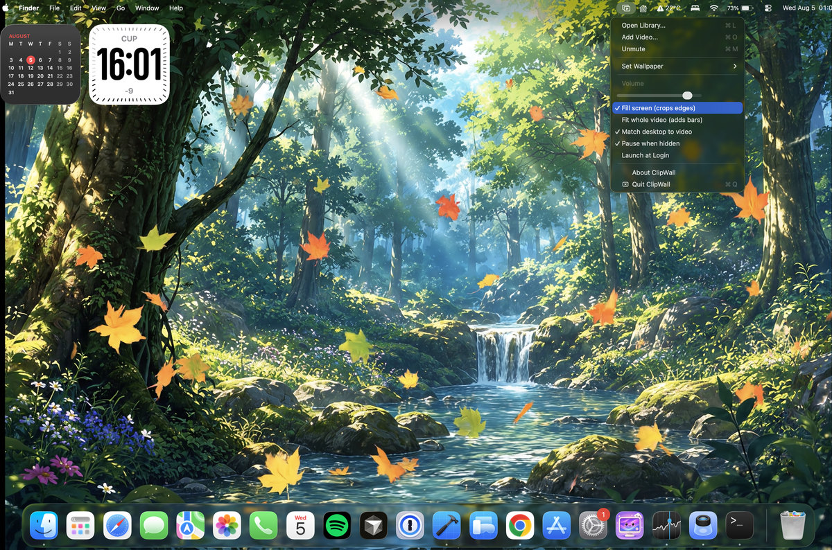 The ClipWall menu bar menu open over a video wallpaper