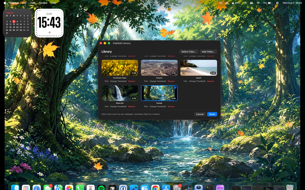 The ClipWall library with five clips, the Add Video button, and Forest outlined as the clip currently playing