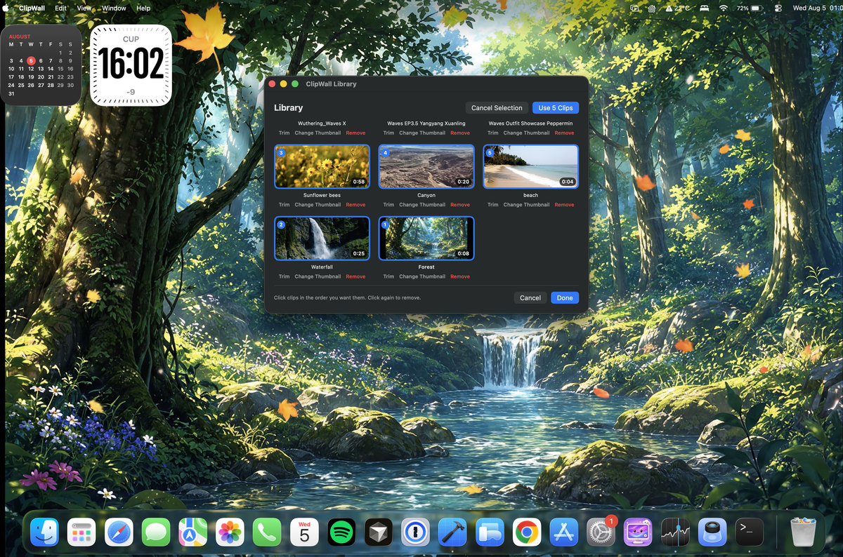 The ClipWall library, picking five clips in order for a rotation