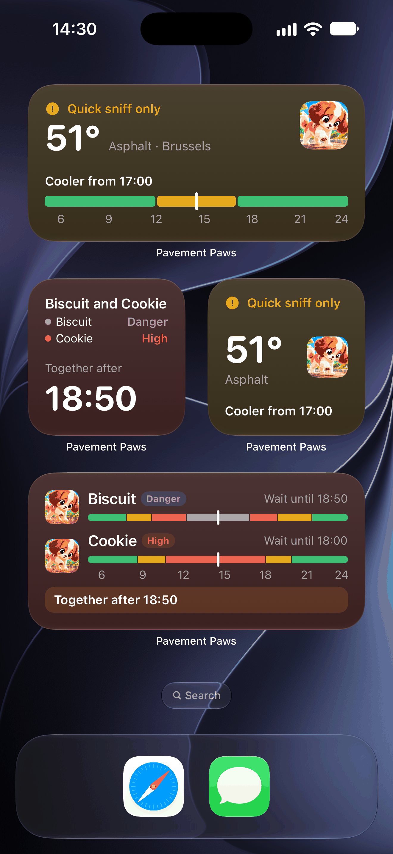 Pavement Paws widgets on the home screen: asphalt at 51°, cooler from 17:00, and the Dog heat risk widget with Biscuit in Danger, Cookie High and together after 18:50