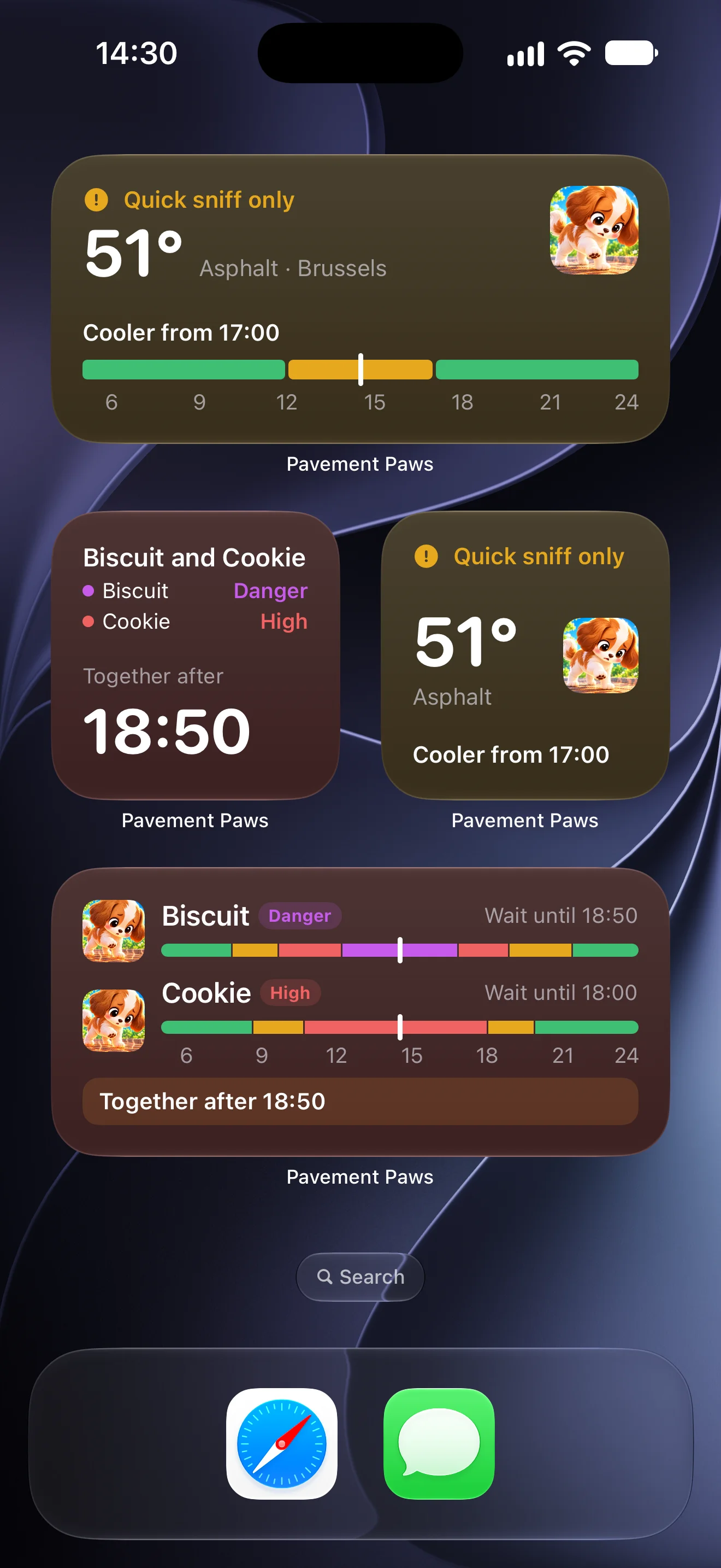 Pavement Paws widgets on an iPhone home screen: the ground at 51°C with when it cools down, and the Dog heat risk widget with Biscuit in Danger, Cookie High and together after 18:50