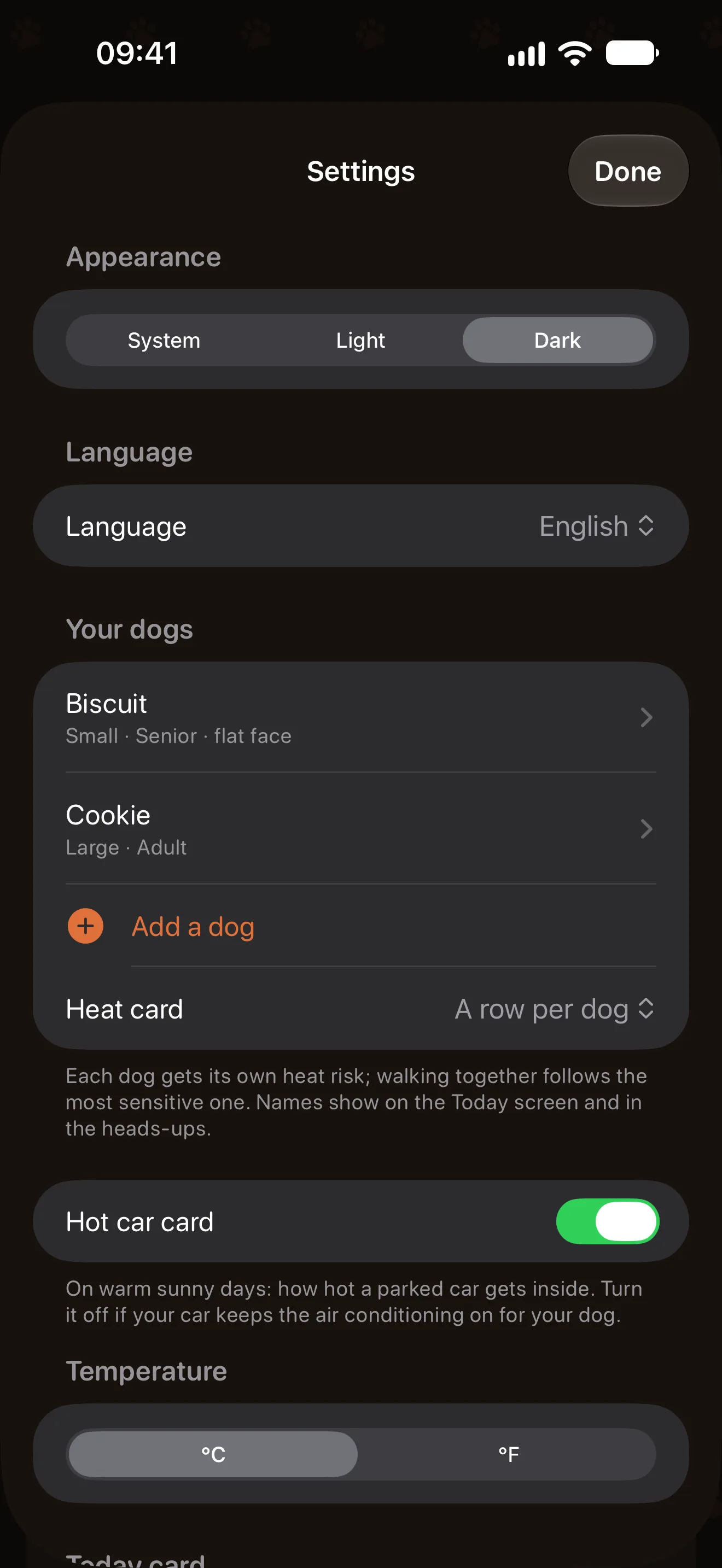 Settings in Pavement Paws with Your dogs: Biscuit (small, senior, flat face) and Cookie (large, adult), Add a dog, and the heat card set to a row per dog