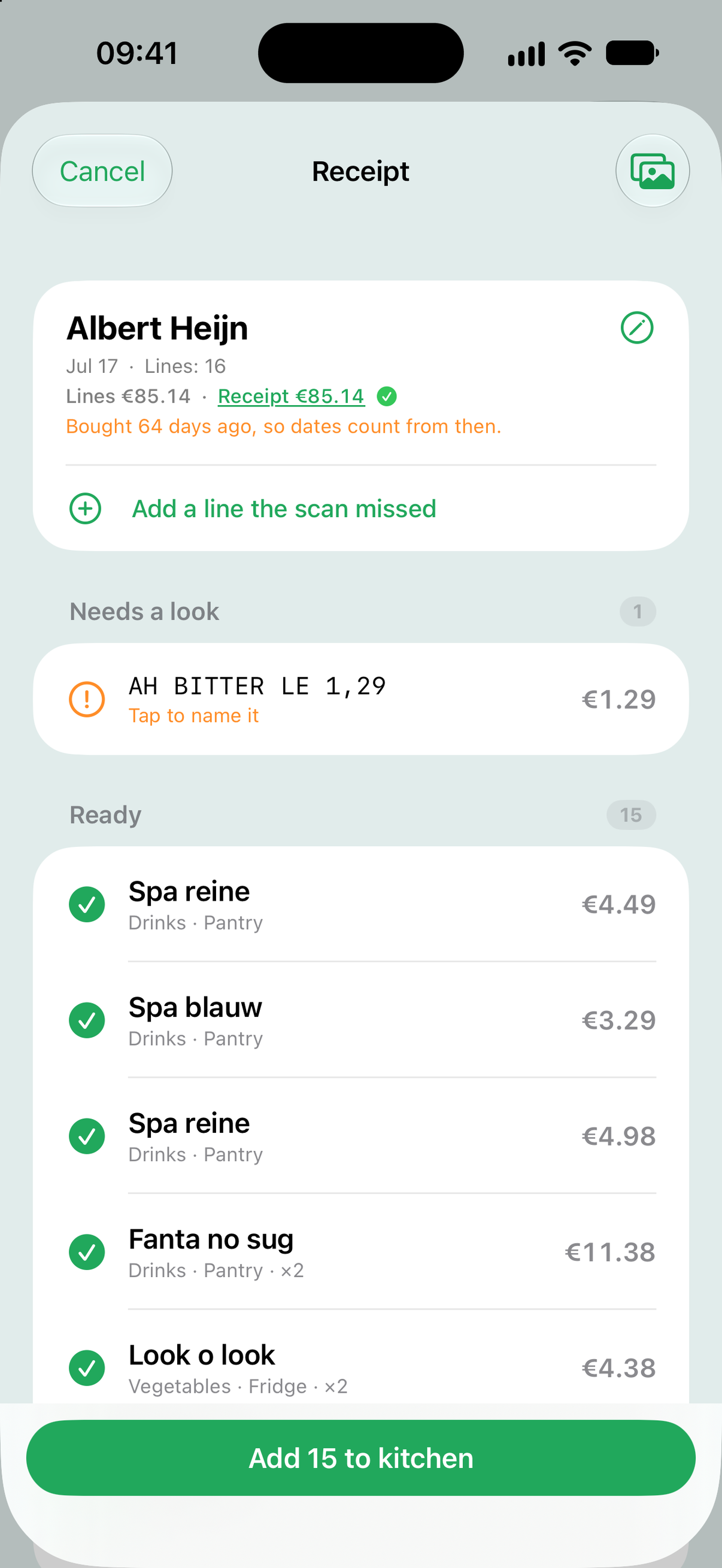 A scanned receipt being checked in Still Good