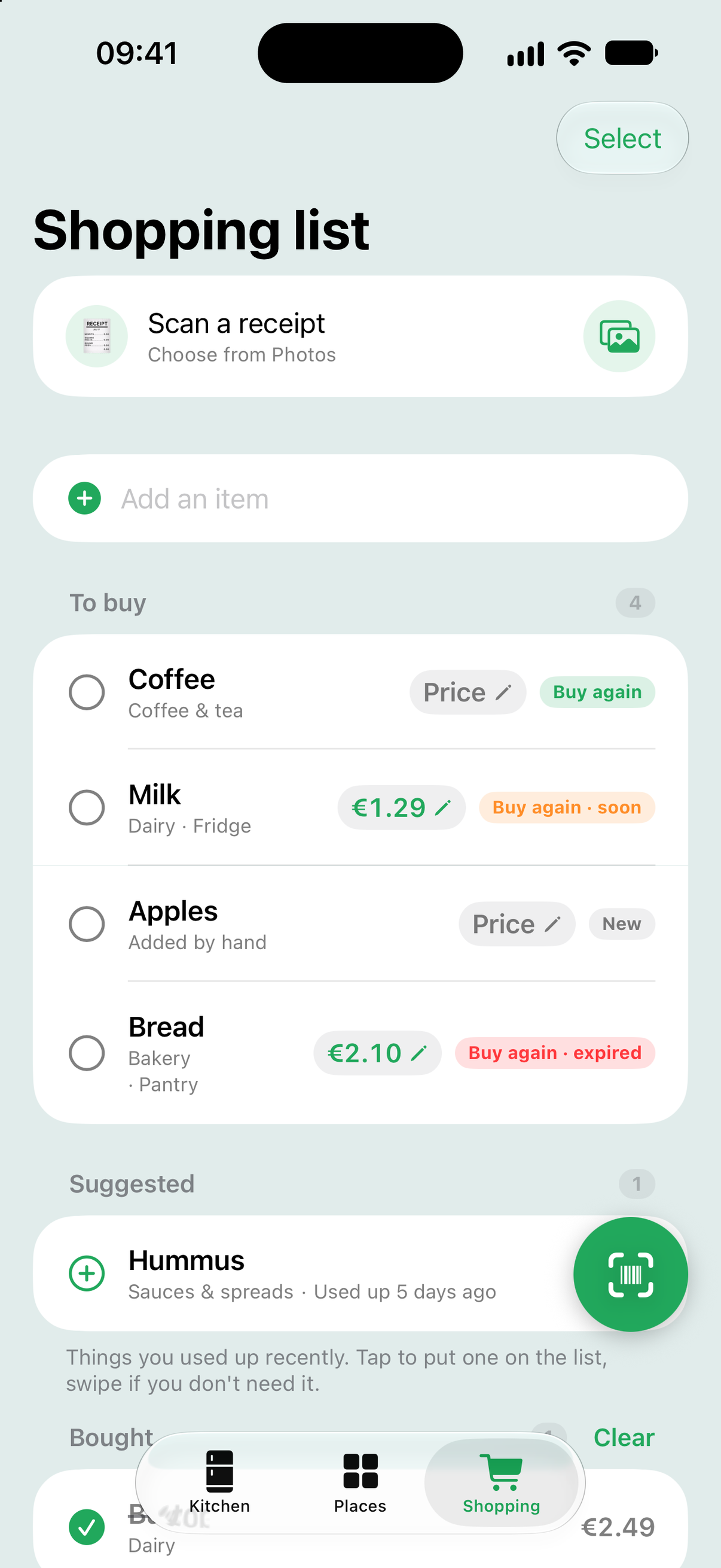 The Shopping tab in Still Good, with lines to buy and a suggestion