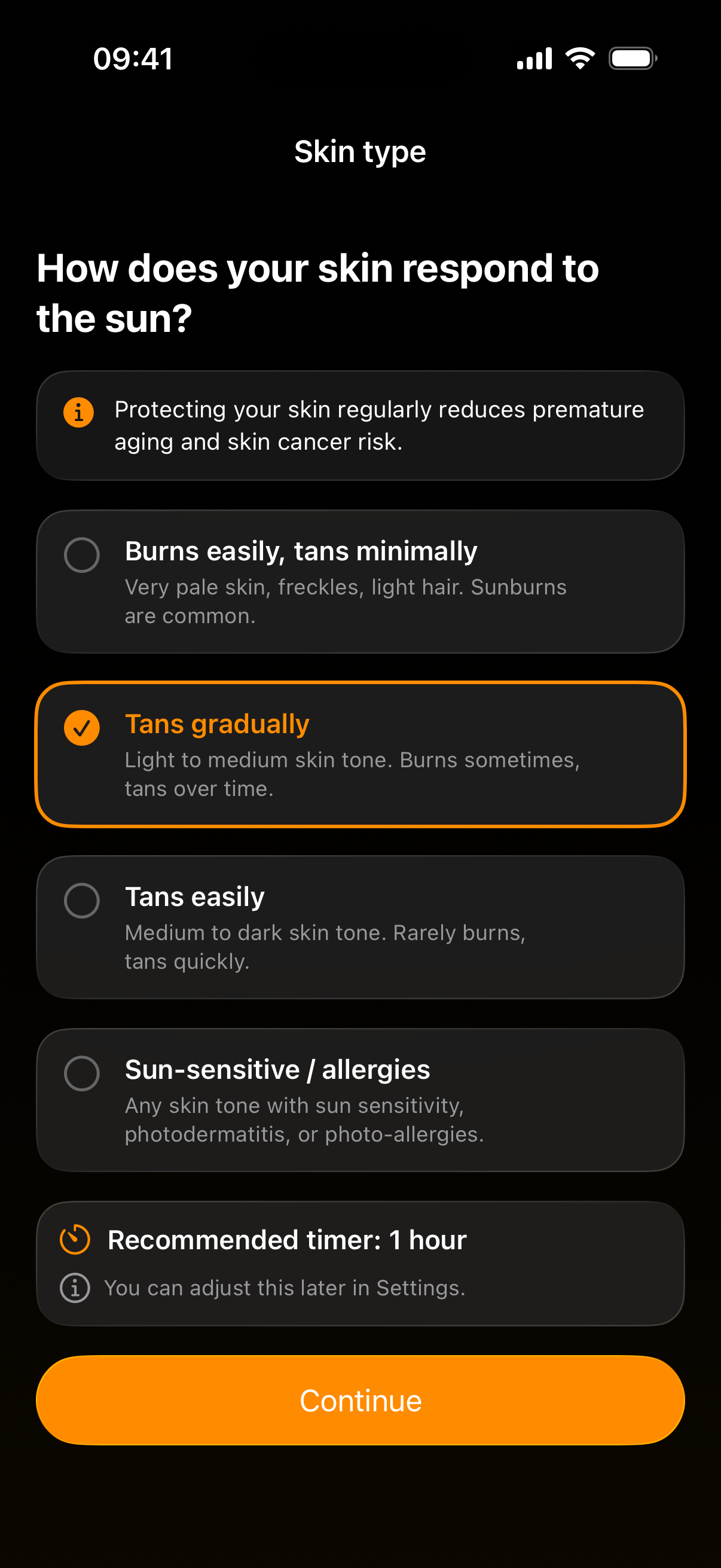 Skin type screen on iOS
